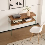MDF Console Table, Big Side Table, Walnut Tempered Glass Desk,Entry Table