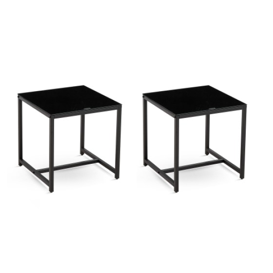 2 Pieces Black Glass Night Stand,MDF SideTable, Small Tea Table, Sofa Table with Metal Leg