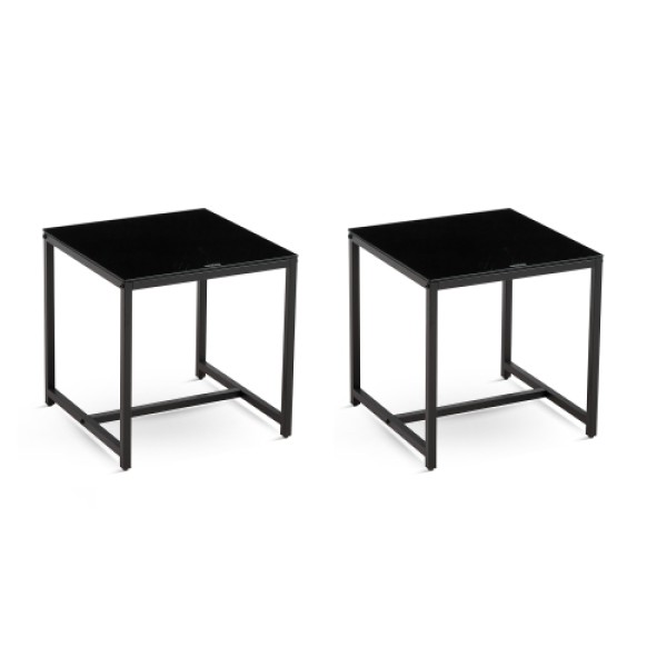 2 Pieces Black Glass Night Stand,MDF SideTable, Small Tea Table, Sofa Table with Metal Leg